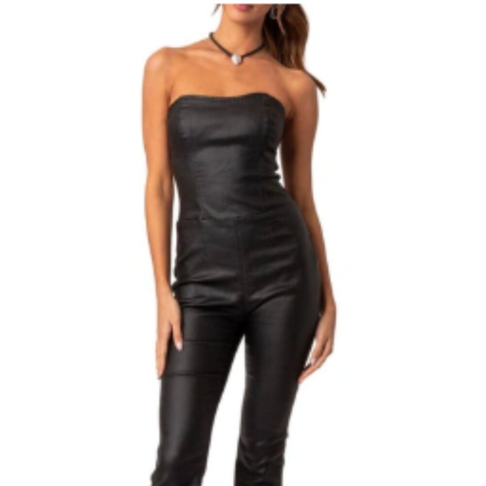 Luna Strapless Flared Faux Leather Jumpsuit EDIKTED